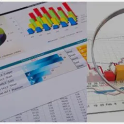 Analiza danych: wykres kołowy, słupkowy i tabela sprzedaży metali szlachetnych, powiększone lupą, na białym tle.