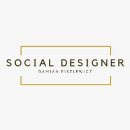 Minimalistyczne logo: 'Social Designer Damian Piszlewicz' w prostokątnej ramce w kolorze khaki na jasnoszarym tle.