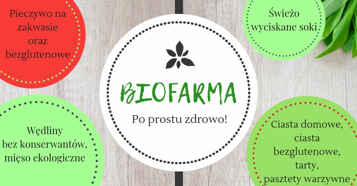 Grafika promocyjna BIOFARMA z informacjami o produktach: pieczywo na zakwasie, wędliny bez konserwantów, świeżo wyciskane soki i ciasta domowe.
