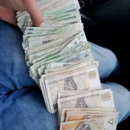 Stos banknotów 200 zł w ręce na tle dżinsów i wnętrza samochodu, prawdopodobnie zapłata za wykonaną usługę budowlaną lub remontową.