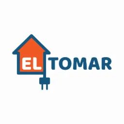 Logo firmy EL TOMAR w kształcie domu z wtyczką elektryczną, kolorystyka pomarańczowo-niebieska, na białym tle.