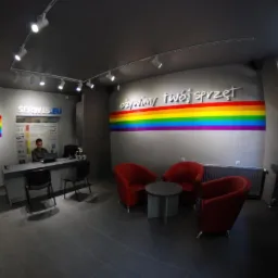 Wnętrze punktu serwisowego komputerów z recepcją, stanowiskiem pracy z laptopem, miejscem oczekiwania z czerwonymi fotelami i tęczowym logotypem 'ożywimy twój sprzęt' na ścianie.