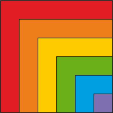 Abstrakcyjny wzór zagnieżdżonych kwadratów w kolorach tęczy, tworzący spiralę w lewym górnym rogu.