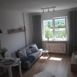 Jasne, nowocześnie urządzone wnętrze pokoju dziennego z szarą sofą, drewnianą podłogą i widokiem na zieleń za oknem.