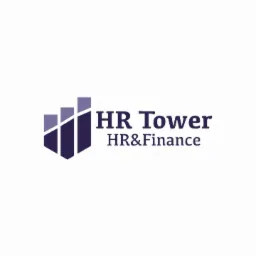 Logo firmy HR Tower HR&Finance z trzema kolumnami wznoszącymi się ku górze, symbolizującymi wzrost i rozwój.