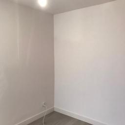 Renovation Group - Pomalowane na biało ściany w rogu pokoju z szarą podłogą imitującą drewno, widoczna żarówka na kablu i listwy przypodłogowe.