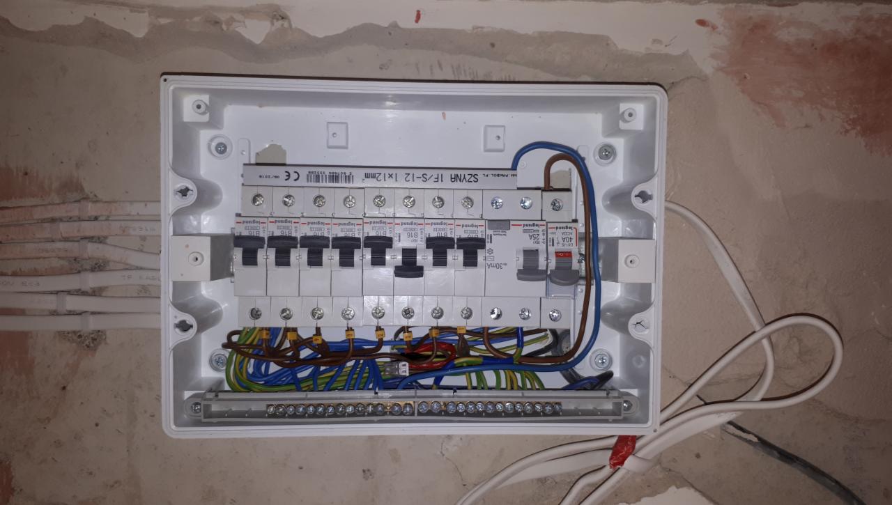 Otwarta, biała skrzynka rozdzielcza z zamontowanymi bezpiecznikami i podłączonymi przewodami w kolorach niebieskim, brązowym, zielono-żółtym i żółtym, zamontowana na ścianie z surowym tynkiem.
