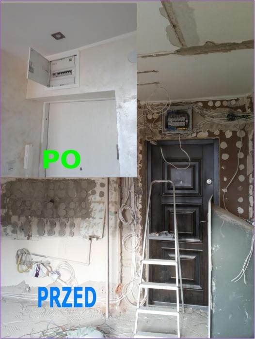 Porównanie 'przed' i 'po' montażu rozdzielnicy elektrycznej: widoczne kable i ściana w trakcie prac oraz gotowa instalacja z zamkniętą szafką rozdzielczą i odmalowaną ścianą.