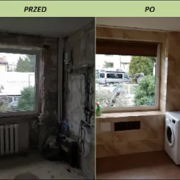 Porównanie stanu łazienki przed i po remoncie: surowe ściany z widoczną instalacją kontra wykończone płytkami w odcieniach beżu, nowa pralka i umywalka.