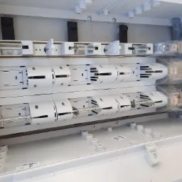 Wnętrze rozdzielnicy elektrycznej z bezpiecznikami topikowymi i szynami montażowymi, widoczne elementy instalacji zabezpieczającej.