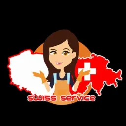 Kreskówkowa postać kobiety w fartuchu i rękawicach, z konturami map Polski i Szwajcarii w tle, oraz napisem 'Swiss Service'.