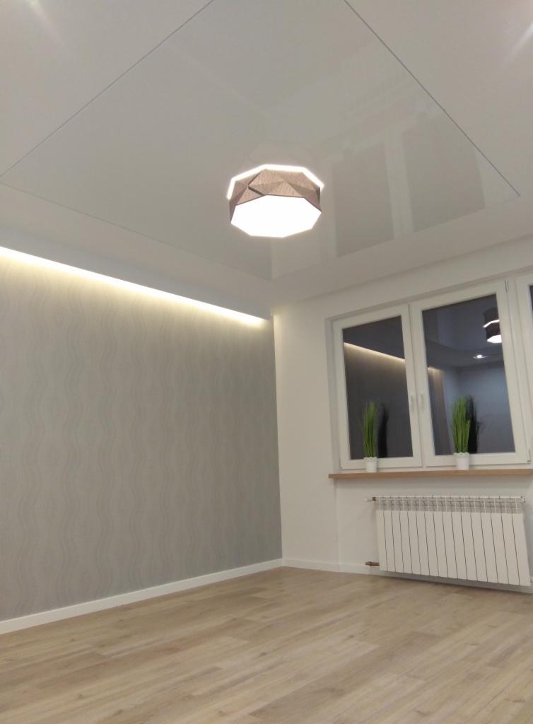 Nowoczesne wnętrze z podwieszanym sufitem, geometryczną lampą sufitową, oświetleniem LED przy ścianie, panelami podłogowymi i grzejnikiem pod oknem.