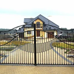 Czarna, metalowa brama dwuskrzydłowa z dekoracyjnymi elementami roślinnymi w kształcie winogron, osadzona na kamiennych słupkach, na tle domu z garażem i podjazdem z kostki.