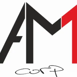 Logo firmy AM Corp z literami A i M tworzącymi jedną całość, gdzie litera A jest czarna, a część litery M jest czerwona, poniżej napisane odręcznie 'corp'