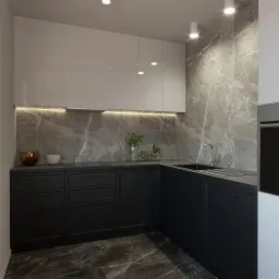 Nowoczesna kuchnia z czarnymi szafkami dolnymi, białymi górnymi, marmurowym blatem i ścianą, oświetleniem LED pod szafkami, oraz ciemną marmurową podłogą.