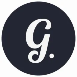 Eleganckie logo z literą 'G' w kursywie, umieszczone na ciemnogranatowym okręgu, z wyraźnym akcentem w postaci kropki po prawej stronie litery.