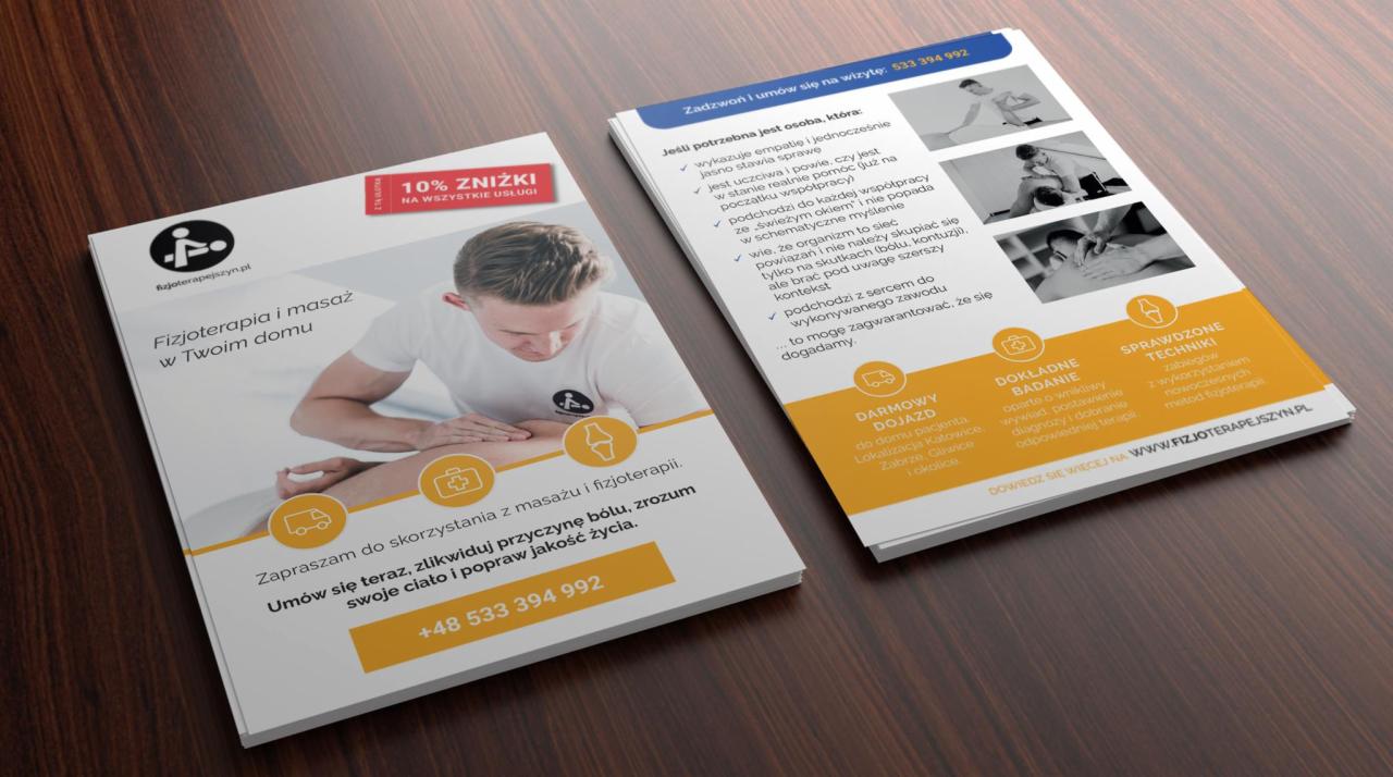 Ulotka reklamowa usług fizjoterapii i masażu domowego, z informacjami o zniżce, zaletach współpracy i darmowym dojeździe, leżąca na drewnianym blacie.