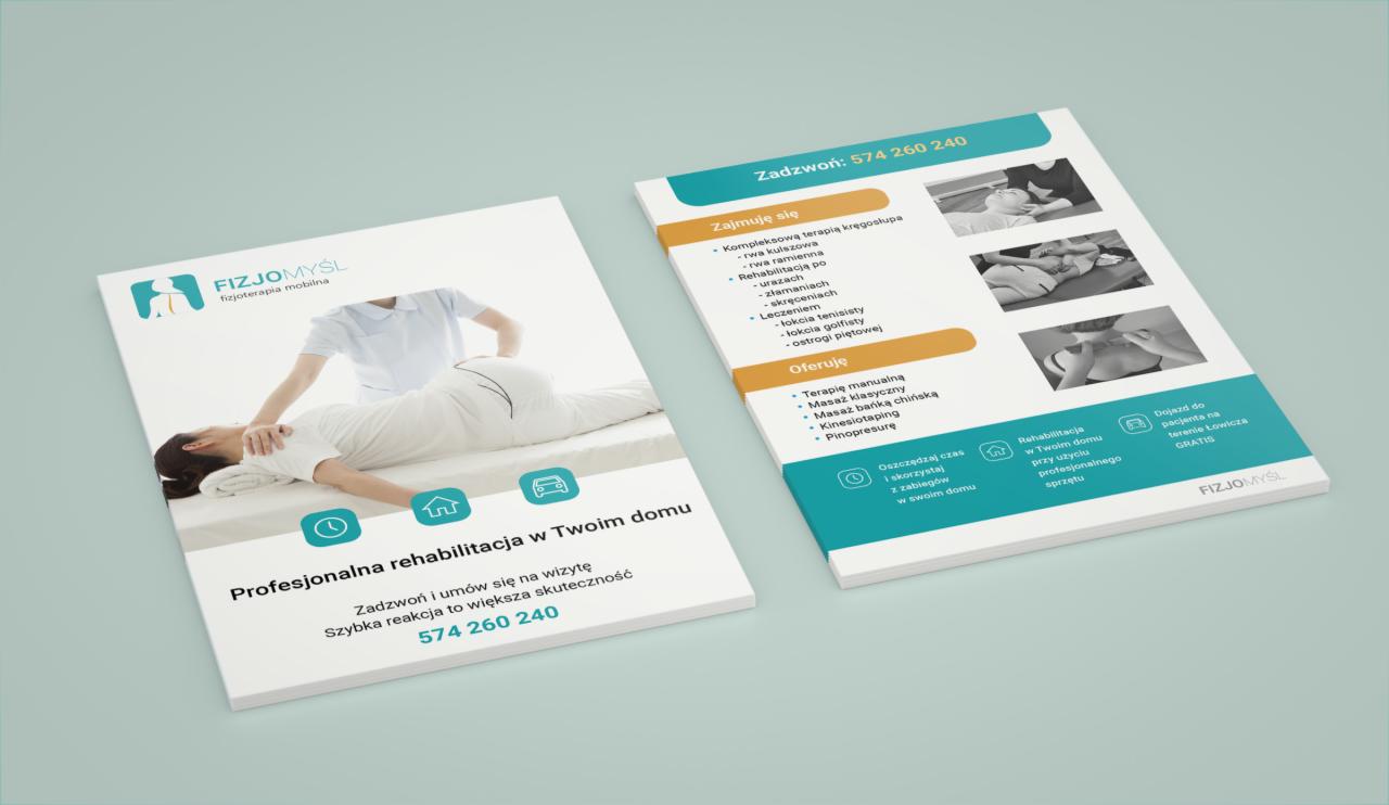Ulotka reklamowa fizjoterapii mobilnej: masaż kręgosłupa, rehabilitacja w domu pacjenta z profesjonalnym sprzętem oraz dojazd gratis na terenie Łowicza.