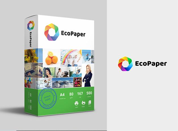 Opakowanie papieru biurowego EcoPaper z kolorowym logo i zdjęciami zastosowań, obok logo w wersji wektorowej.