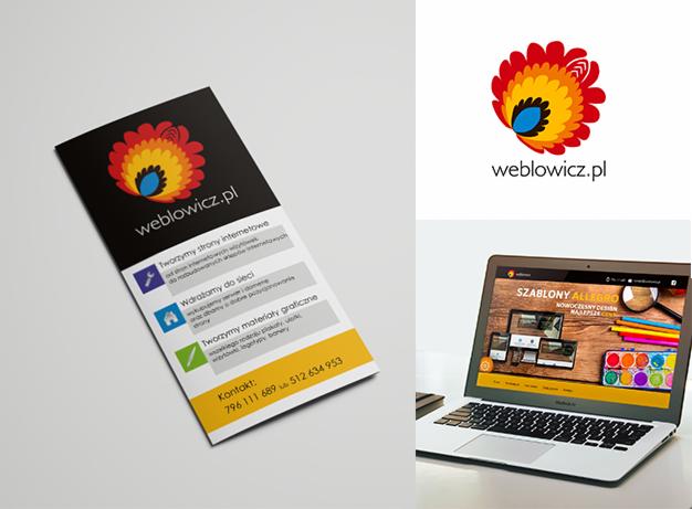 Wizualizacja identyfikacji firmy z Nieborowa: ulotka z folkowym logo, logo wyświetlone na białym tle oraz strona internetowa na ekranie laptopa.
