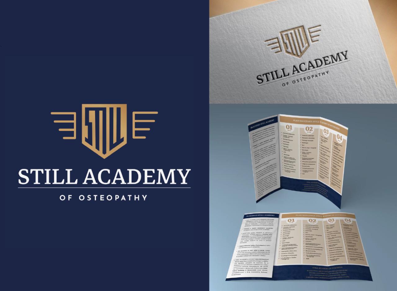 Projekt identyfikacji wizualnej dla Still Academy of Osteopathy prezentujący logo na granatowym tle, logo na fakturowanym papierze oraz otwartą, składaną ulotkę informacyjną z numerowanymi sekcjami.