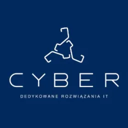 Logo firmy CYBER z hasłem Dedykowane Rozwiązania IT na granatowym tle. Graficzny symbol powyżej nazwy firmy.