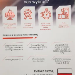 Ulotka reklamowa firmy z Słupcy, oferującej panele fotowoltaiczne Q-CELLS/Trina, gwarancję do 25 lat, szybki montaż i tanie finansowanie RRSO od 3,6%, z korzyściami takimi jak bezpieczeństwo przed...