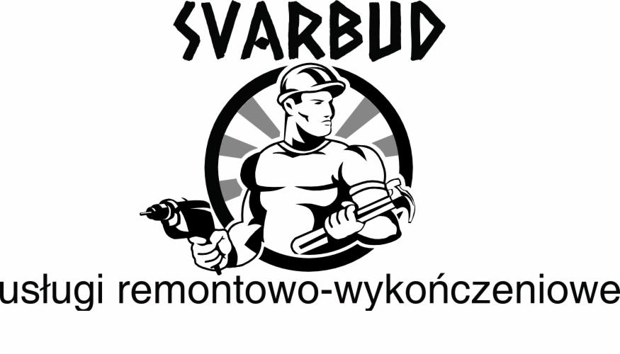 Logo firmy SVARBUD przedstawiające muskularnego mężczyznę w kasku budowlanym, trzymającego w jednej ręce wiertarkę, a w drugiej młotek, otoczonego okręgiem z promieniami i napisem 'usługi...