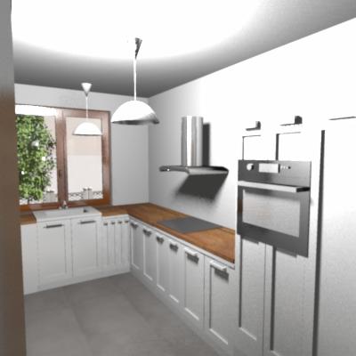 Wizualizacja kuchni z białymi szafkami, drewnianym blatem, oknem z widokiem na zieleń i nowoczesnym oświetleniem.