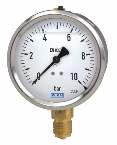 Manometr WIKA z zakresem do 10 bar, widoczny gwintowany króciec przyłączeniowy.