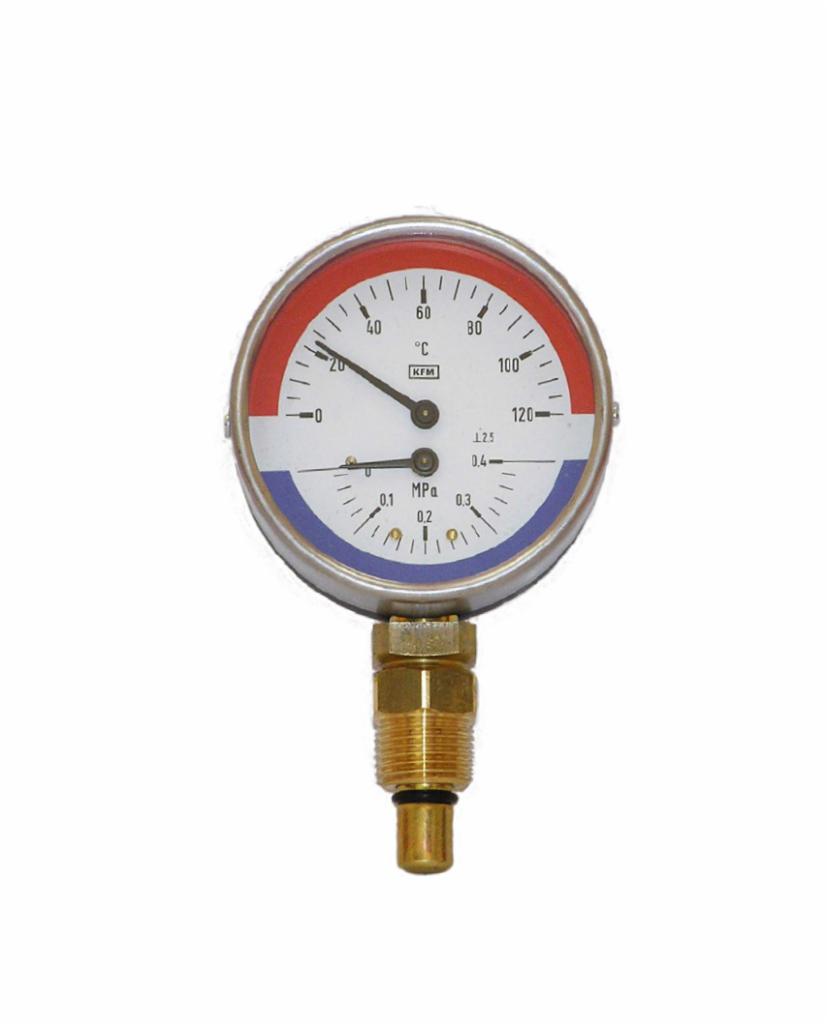 Manometr wskazujący temperaturę i ciśnienie, z czerwoną i niebieską strefą na tarczy, podłączony do mosiężnego złącza.