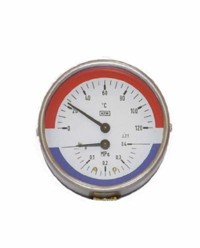 Manometr z dwoma wskazówkami, górna wskazuje temperaturę w stopniach Celsjusza, dolna ciśnienie w MPa, obudowa metalowa z czerwono-niebieskim zakresem.