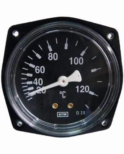 Czarny termometr analogowy z białą wskazówką, wskazujący temperaturę około 32 stopni Celsjusza, z oznaczeniami KFM i CL 2.0.