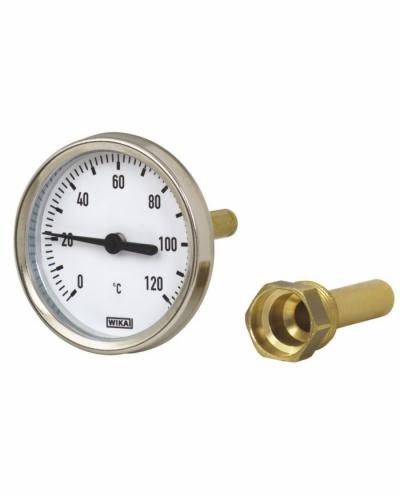 Termometr bimetaliczny WIKA ze złączką mosiężną, wskazujący temperaturę otoczenia na białej tarczy z podziałką w stopniach Celsjusza.