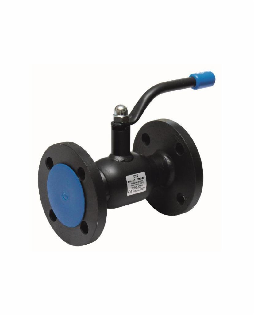 Czarny zawór kulowy kołnierzowy z niebieskimi zaślepkami i dźwignią, widok z boku na białym tle.