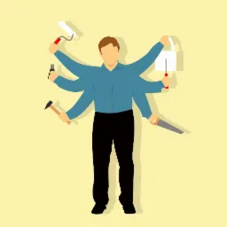 Ikona przedstawiająca osobę z wieloma rękami trzymającą różne narzędzia remontowe: wałek do malowania, młotek, wiadro z farbą, piłę i kombinerki.