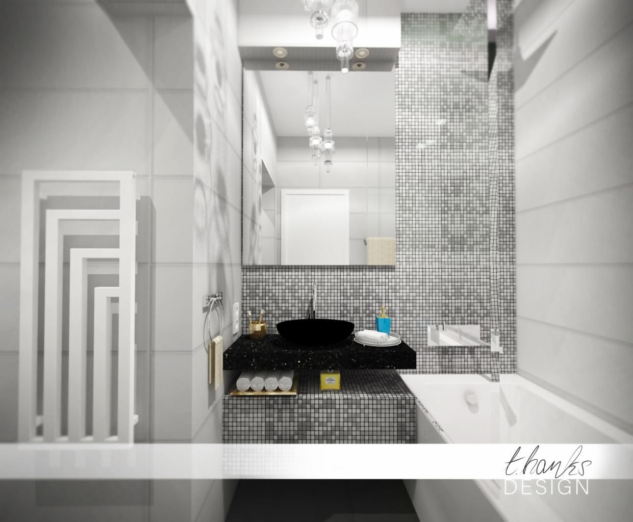 Wizualizacja łazienki w odcieniach bieli i szarości z czarną umywalką nablatową, mozaikową ścianą i grzejnikiem drabinkowym, oświetlona wiszącymi lampami.