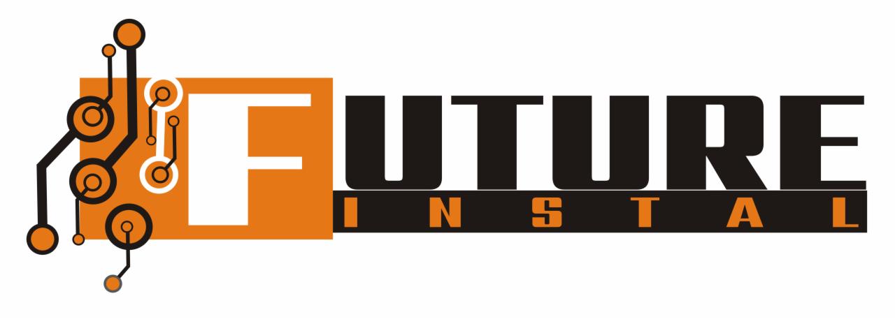 Logo firmy Future Instal z elementami graficznymi przypominającymi schemat elektryczny, pomarańczowo-czarno-białe litery na białym tle.