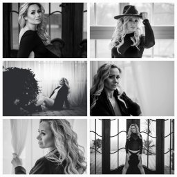 Nowak Film&Photography - Czarno-biały kolaż z sesji kobiecej: portrety kobiety w różnych pozach i stylizacjach, w tym z kapeluszem i w bieliźnie, na tle okien i drzwi.