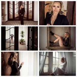 Nowak Film&Photography - Kolaż z sześciu zdjęć kobiety w ciąży w różnych pozach i stylizacjach, na tle wnętrz o zróżnicowanej stylistyce, od klasycznej po bardziej nowoczesną.