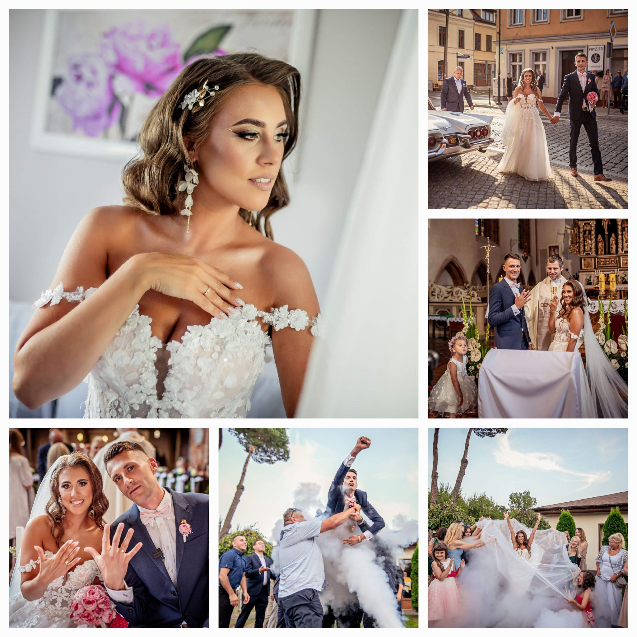 Kolaż zdjęć ślubnych: panna młoda w lustrze, para młoda przed kościołem i podczas ceremonii, zabawy weselne z dymem.