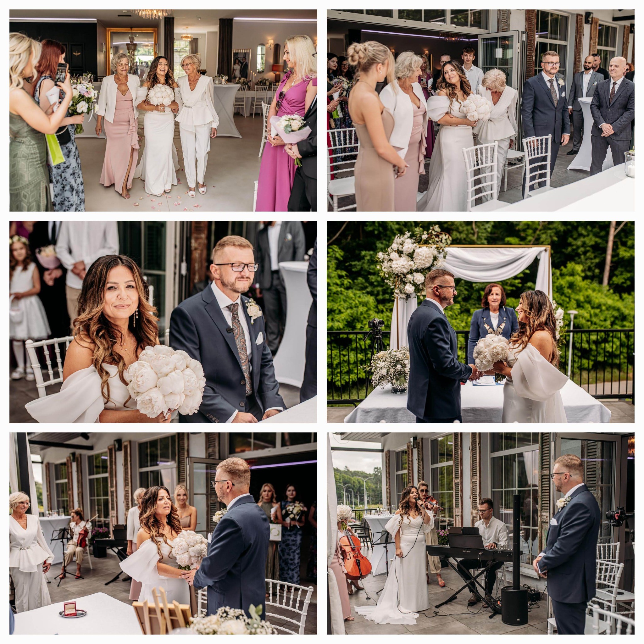 Kolaż z sesji ślubnej: panna młoda w białej sukni prowadzona do ołtarza, para podczas ceremonii, zbliżenie pary młodej, zespół muzyczny grający na przyjęciu.