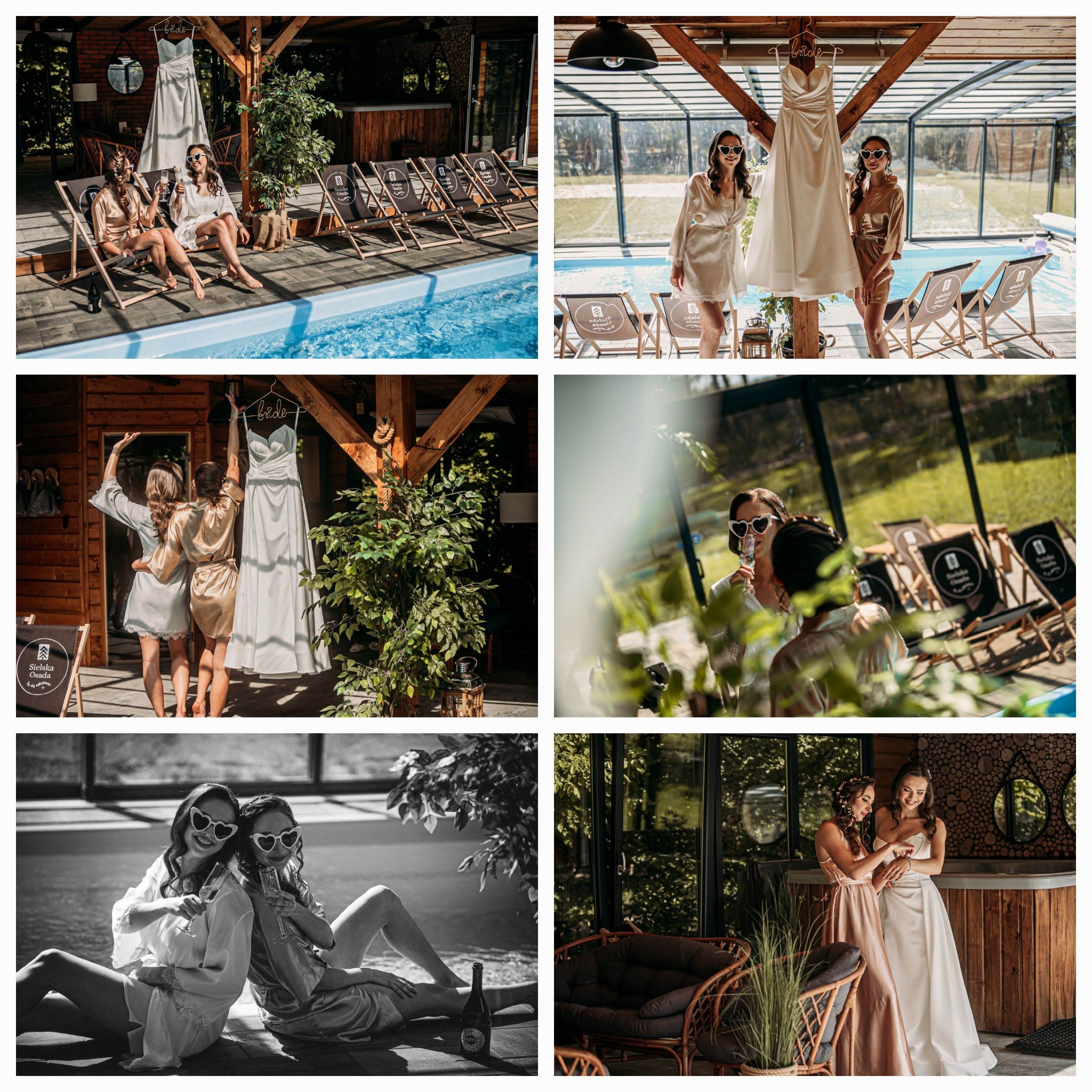 Panna młoda i druhny w szlafrokach pozują obok basenu i sukni ślubnej wiszącej na wieszaku z napisem 'bride'.