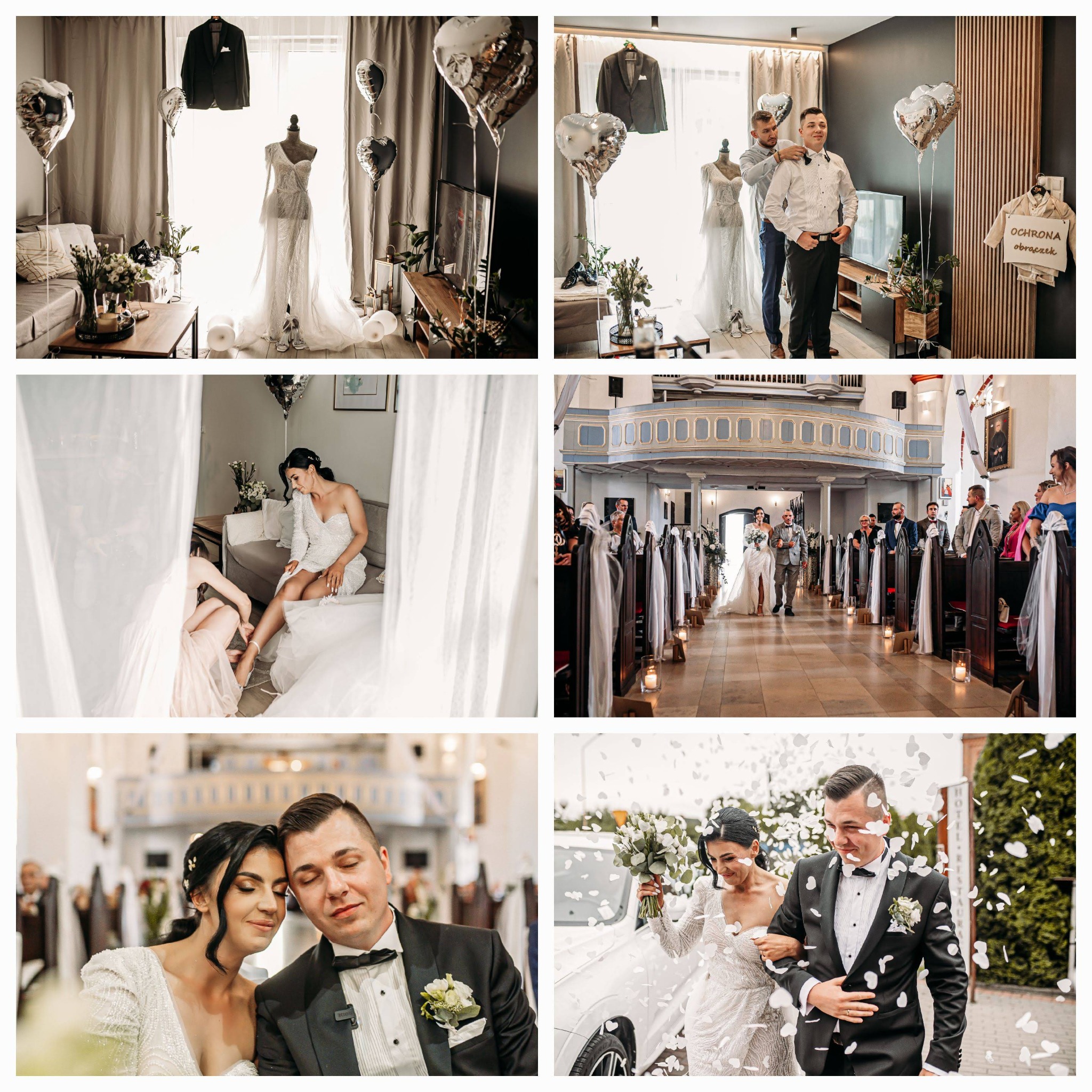 Kolaż zdjęć z przygotowań i ceremonii ślubnej: panna młoda w sukni na manekinie i podczas przygotowań, pan młody z druhną, para młoda w kościele i wychodząca z samochodu obsypana konfetti.