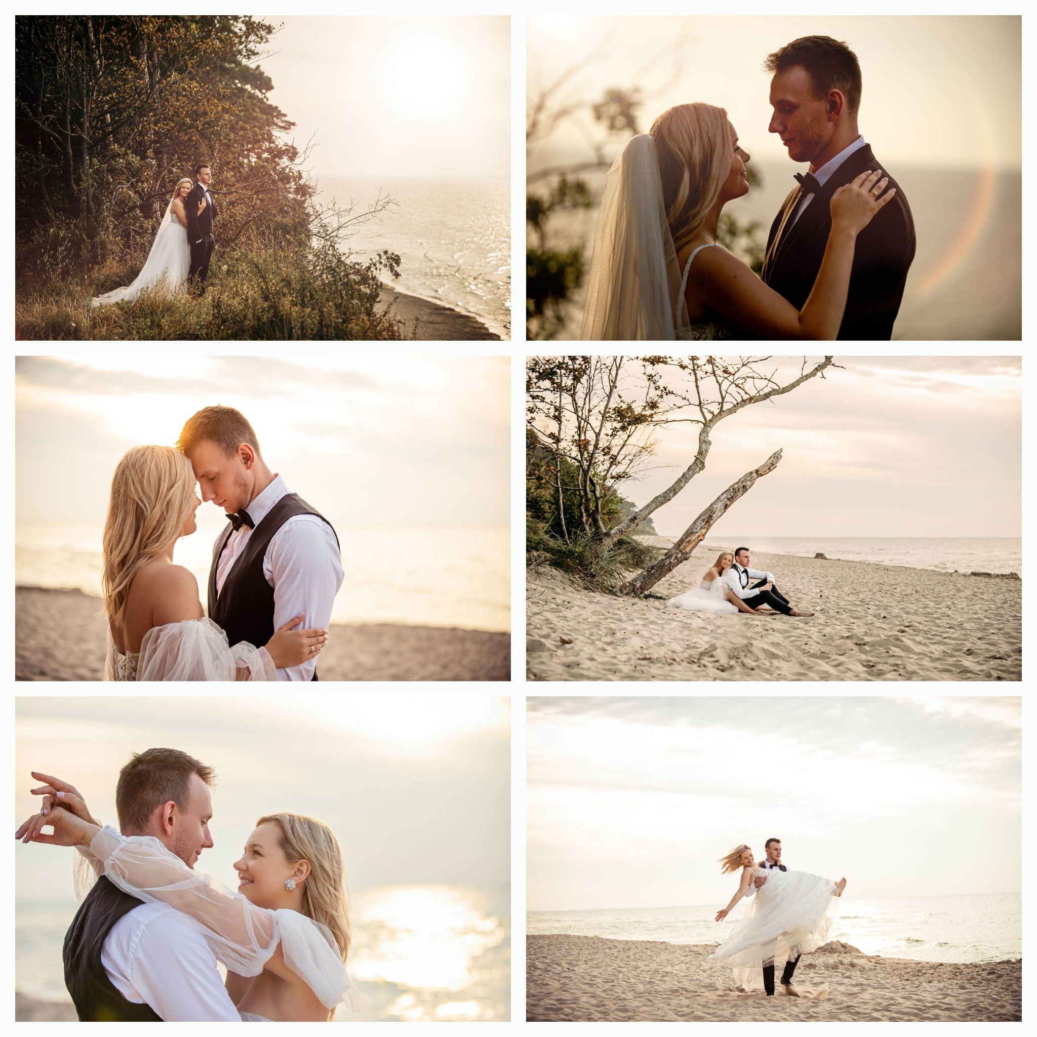 Kolaż sześciu zdjęć pary młodej: na klifie, na plaży o zachodzie słońca, obejmujący się, siedzący pod drzewem, panna młoda w objęciach pana młodego, pan młody trzyma pannę młodą na rękach.