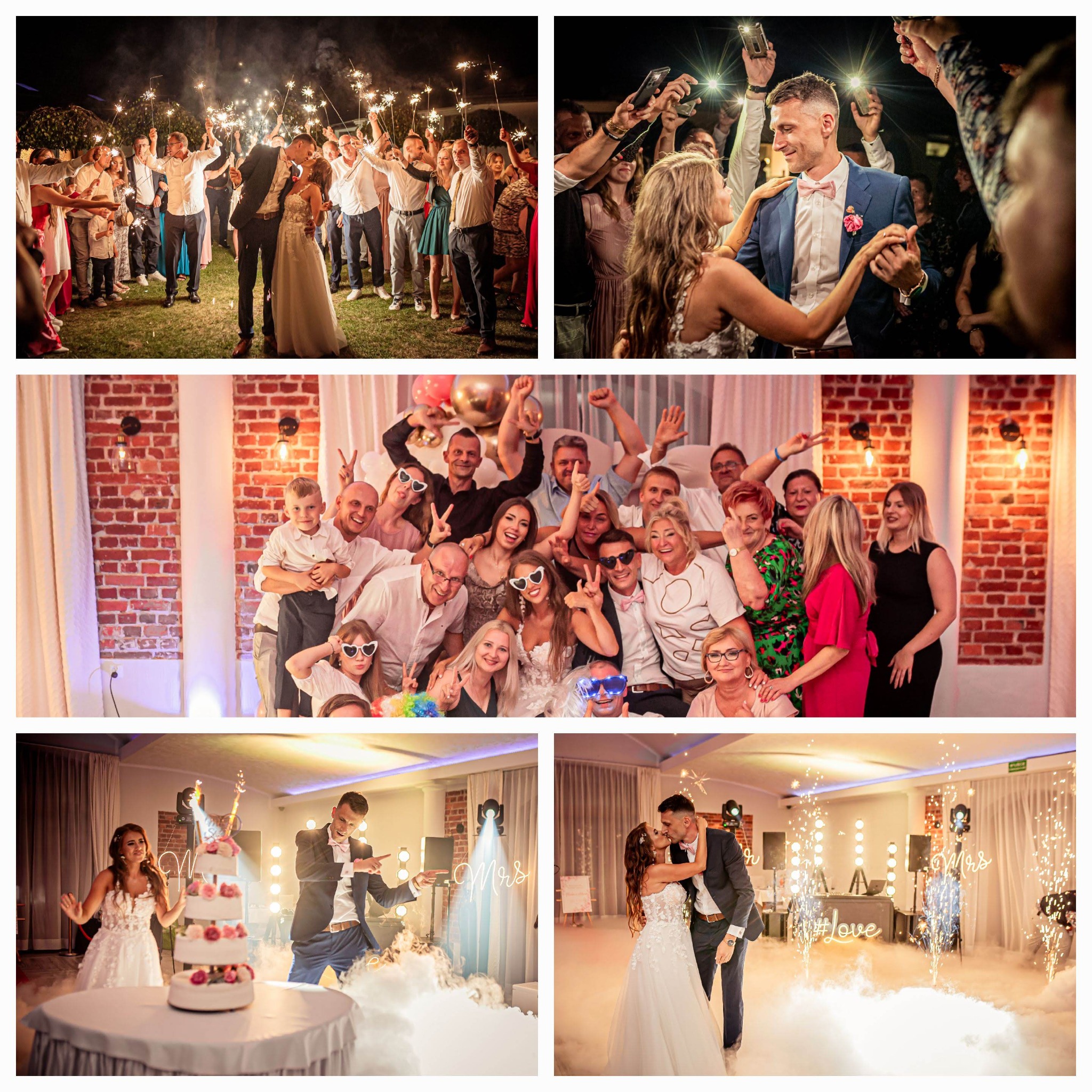 Kolaż zdjęć z wesela: para młoda wśród gości z zimnymi ogniami, taniec pary młodej z gośćmi, grupowe zdjęcie weselników, para młoda przy torcie weselnym, para całująca się na tle dekoracji świetlnych.