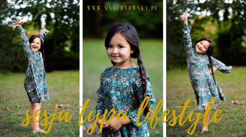 Kolaż trzech ujęć uśmiechniętej dziewczynki w kwiecistej sukience na tle zieleni, z adresem strony internetowej u góry.