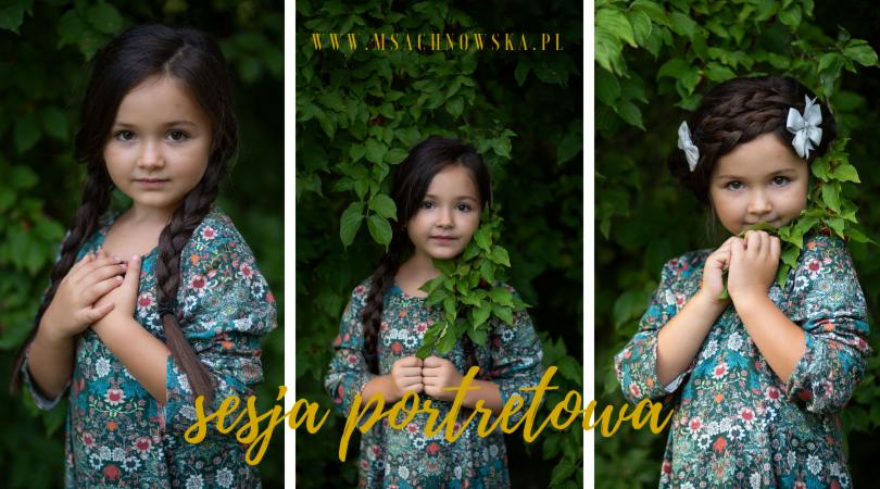 Trzy portrety dziewczynki w kwiecistej sukience na tle zieleni, z różnymi fryzurami i ujęciami, wykonane przez msachnowska.pl.