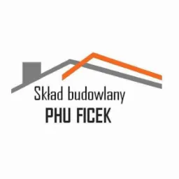 Logo firmy 'Skład budowlany PHU FICEK' z graficznym przedstawieniem dachu w kolorach szarym i pomarańczowym.