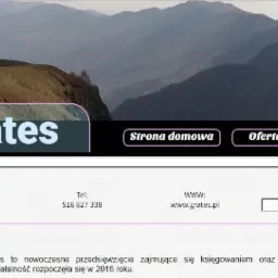 Strona internetowa biura rachunkowego Grates z widokiem na góry w tle nagłówka, prezentująca dane kontaktowe i ofertę.